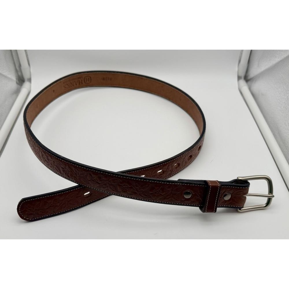 Hanks Leather Goods Brown Floral Embossed Dress Belt Mens Size 44 1.5in 3100